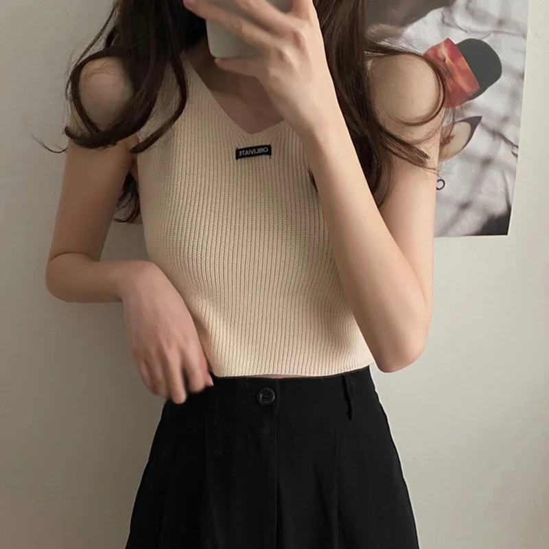 

Women's Letter V Neck Slim Expose Navel Vest Summer Knitting Sleeveless Camisole Tank Tops