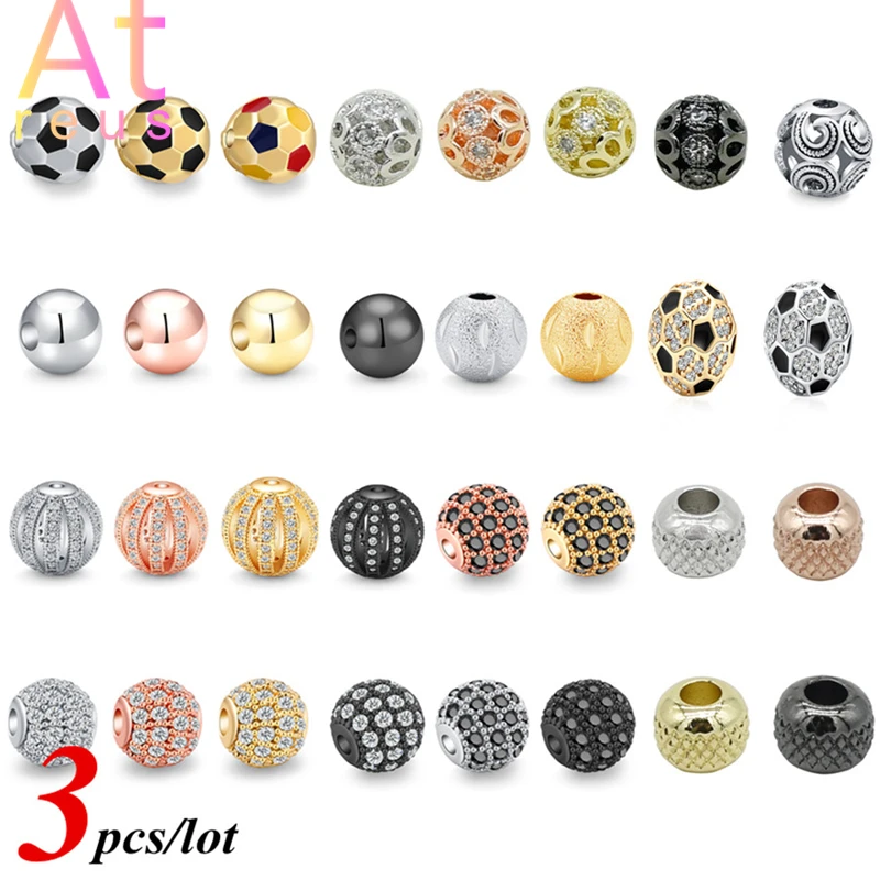 3pcs/lot 7/8/9mm 12 Style CZ Spacer Round Bead Brass Micro Pave Cubic Zirconia Beads for Jewelry Making Ball Diy Charms Bracelet