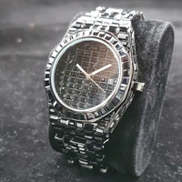 hiphop missfox top brand luxury mens watches baguette diamond fully black watch men stainless steel quartz clock men jewellry
