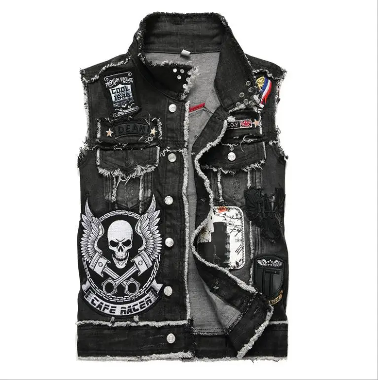 

2021 Mens Punk Denim Vests Black Skull Embroidery Denim Waistcoat Slim Fit Fashion Jeans Sleeveless Jacket Male Vest Tops J2868