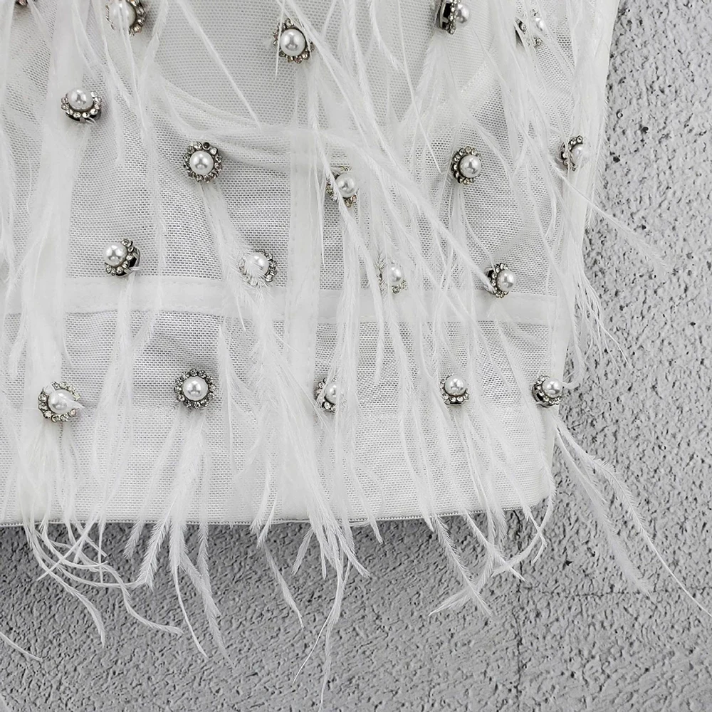 Atoshare Casual Outfits Pearl Rhinestone Feather Top Women White Mesh Corset Sexy Crop Top Mujer 2021