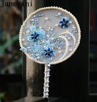 janevini ice blue bride fan chinese style embroidery feather wedding bouquet with beading crystal pearl bridal fans accessories