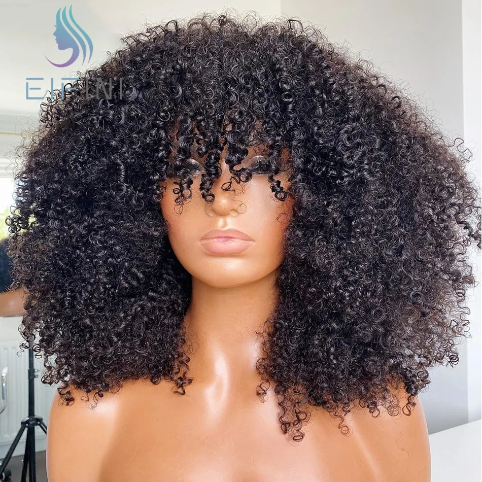 

Afro Kinky Curly Wigs Remy Brazilian Hair Full Machine Made Wig With Bangs 250 Density Malaysian Human Hair Wig For Women Eifini