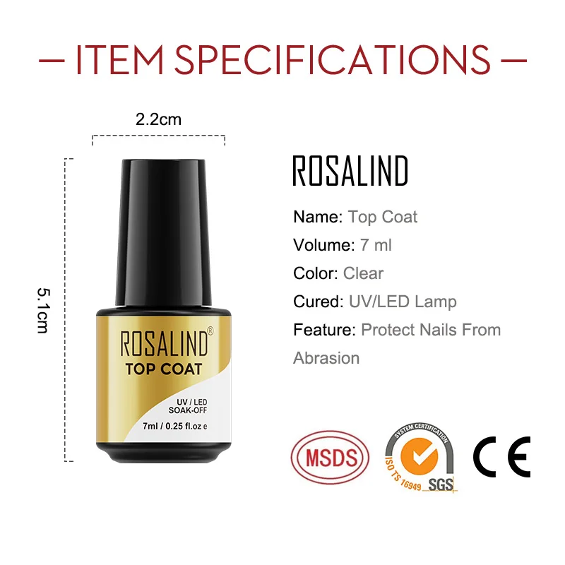 ROSALIND 7ML Top Coat Nail Polish Vernis Semi Permanant Soak Off UV Lamp For Manicure no Wipe Long Lasting Gel Lacquer Topcoat | Красота и