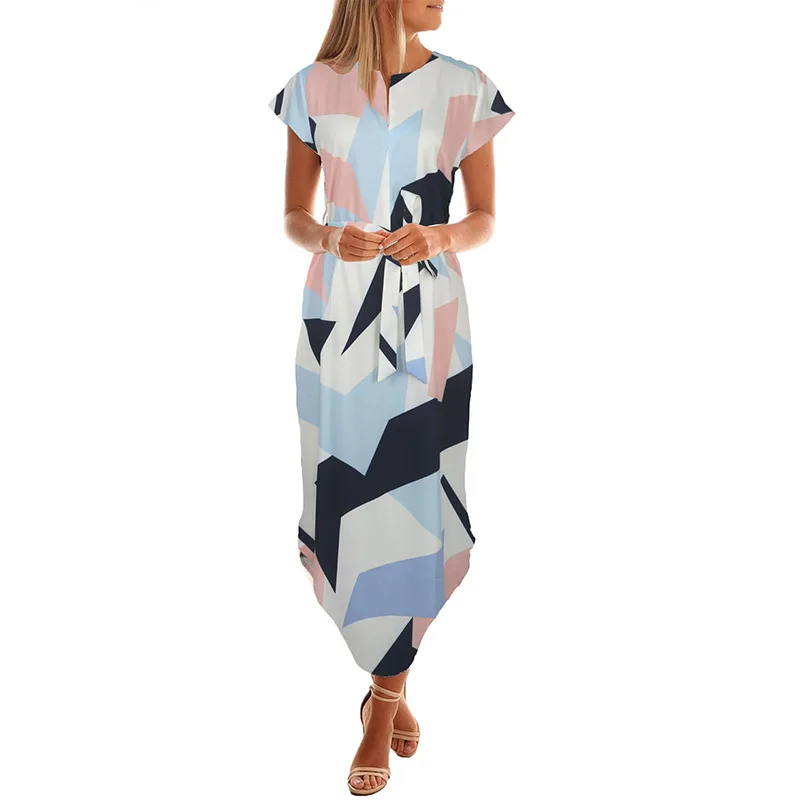

2021 Summer V Neck Floral Printing Dress Women A Line Short Sleeve Midi Dress Casual With Sashes Women Dress