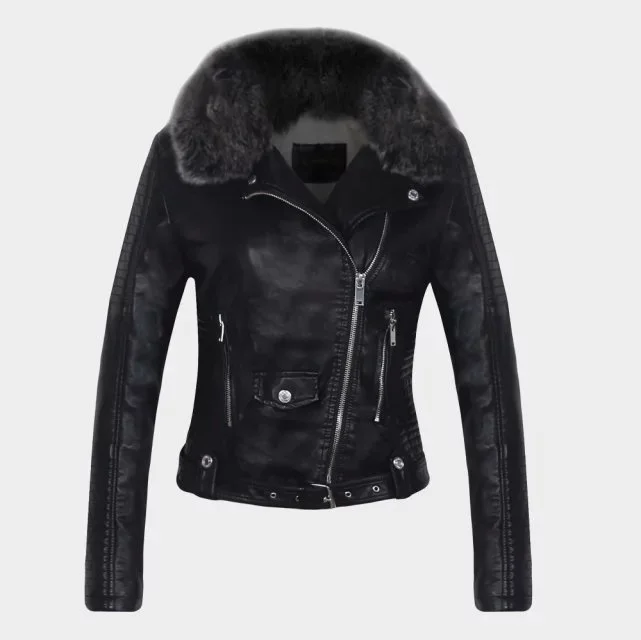 the new detachable wool collar thickened locomotive leather jacket women's short leather jacket enlarge