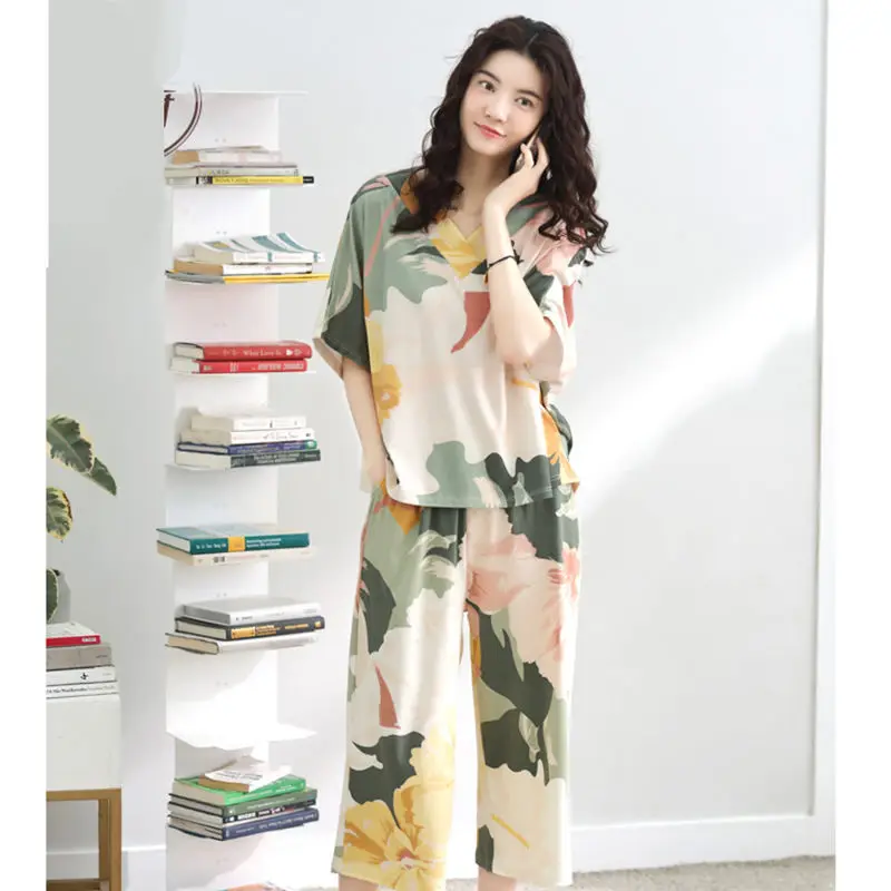 

Summer Woman Pijama Set Cotton Thin Plus Size Loungewear Sleepwear Pjs Women Loose Two Piece Set Dropshipping