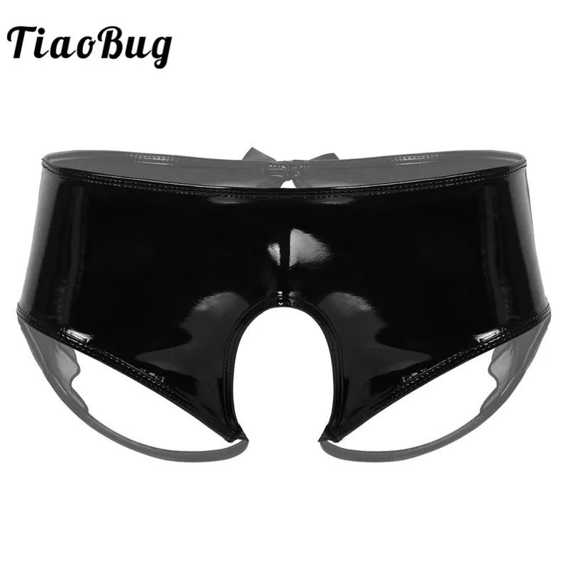 

Hot Sexy Men Wet Look Black Patent Leather Underpants Open Crotch Underwear Sheer Organza Trim Crotchless Briefs Sissy Panties