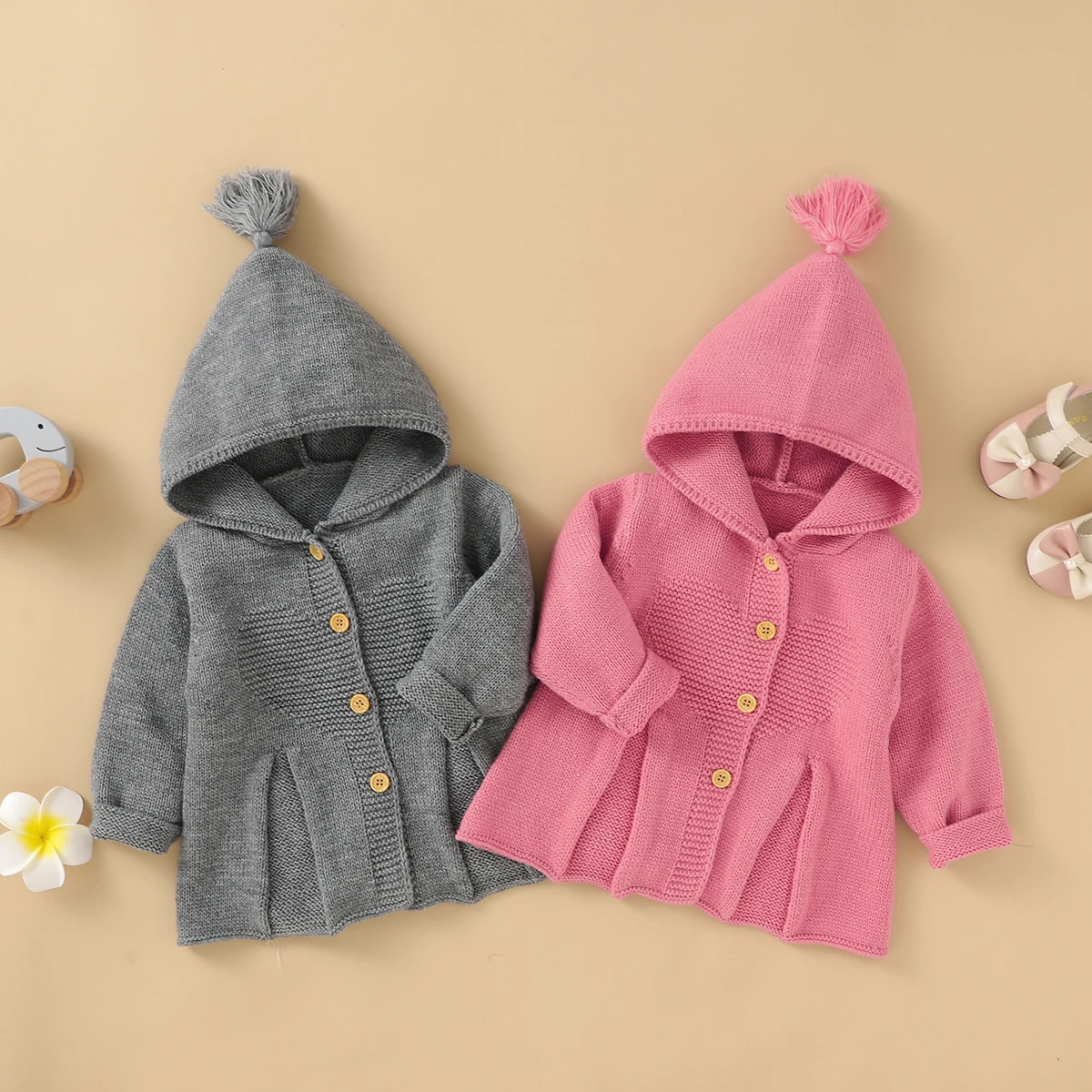 

Детские свитера для новорожденных девочек Bebes, трикотажные топы, осенне-зимние однотонные вязаные кардиганы с капюшоном и длинным рукавом д...