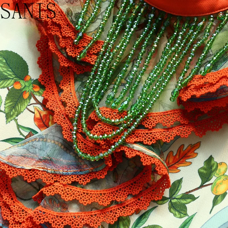 

Sanis 2021 Summer Runway Mini Dress Women Patchwork Fashion Sleeveless Ruffles Beading Print Short Vintage Party Dress