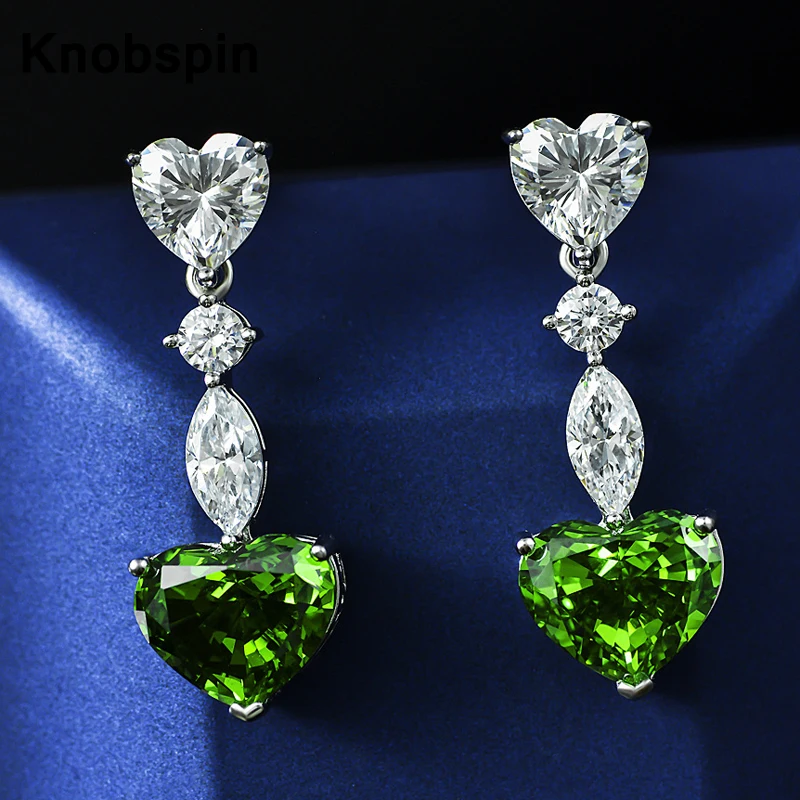

Knobspin 100% 925 Sterling Silver Heart Emerald 10*12mm High Carbon Diamond Drop Earrings For Women Wedding Fine Jewelry Gifts