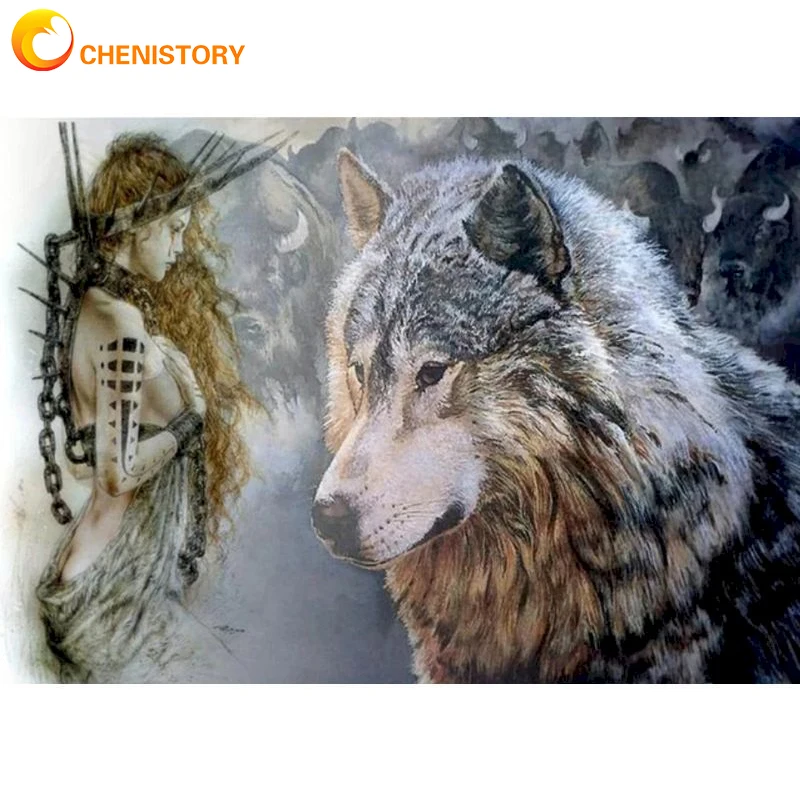 

CHENISTORY Painting By Numbers Women And Wolf DIY Oil Paint Acrylic Landscape Coloring By Numbers Adult Kit Home Decor Art