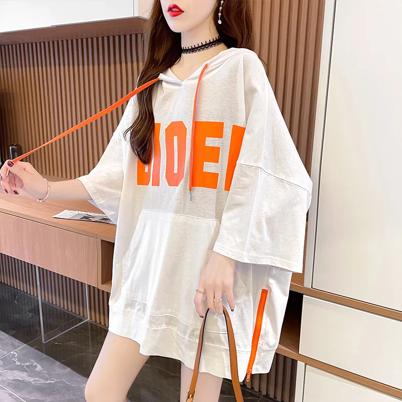 

Short-Sleeved T-shirt Hooded Women's New Style Summer Loose Zip Split Pure Cotton Top Clothes