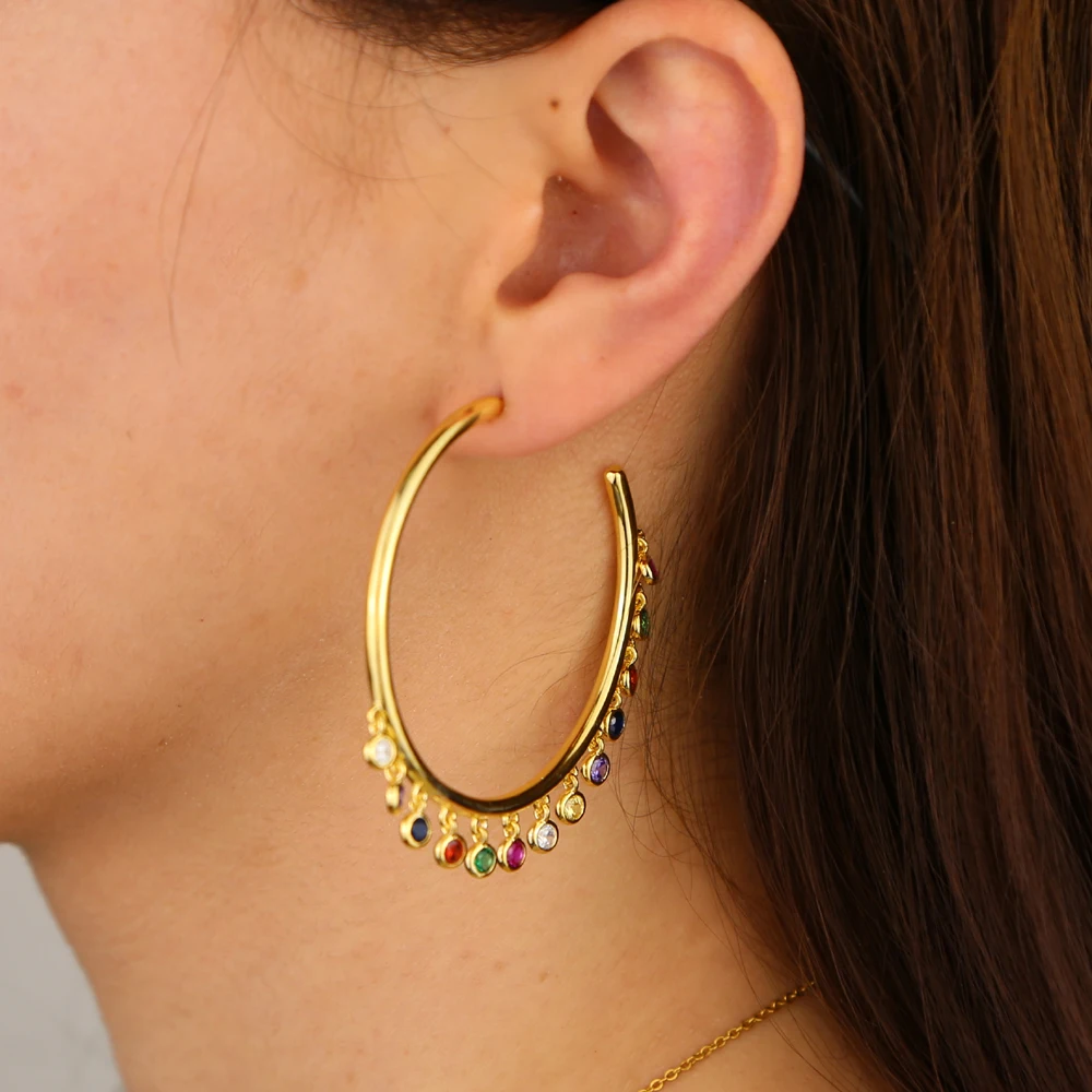 gold filled Multiple Round rainbow cz charm Earrings Jewelry gorgeous circle hoop Chandelier for Women fashion | Украшения и