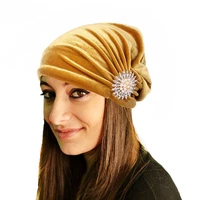 new charm women velvet turban ruffle beanie with shiny pearled hats chemo cap liner for cancer hair loss ladies patient turbante