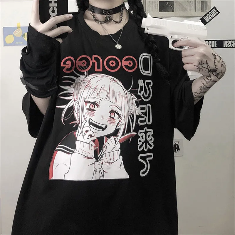 

Black Cartoon Cotton Tshirt Streetwear Oversize T Shirt Harajuku Cool Japan Cute Casual Gothic Tshirt Amine Funny Loose Tops