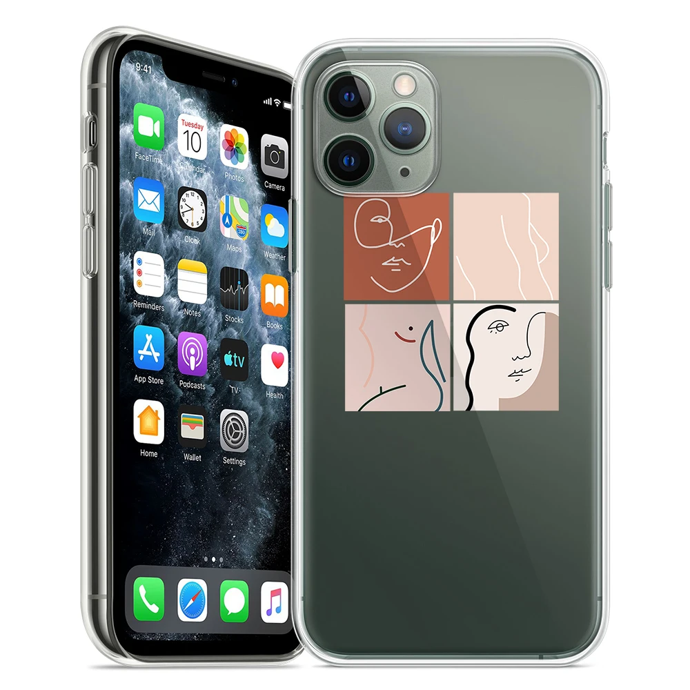 

For iPhone X Case 12 Mini 11 Pro Max Xs XR SE 2020 SE2 8 7 6s Plus Fashion Art Retro Line Transparent TPU Clear Cover