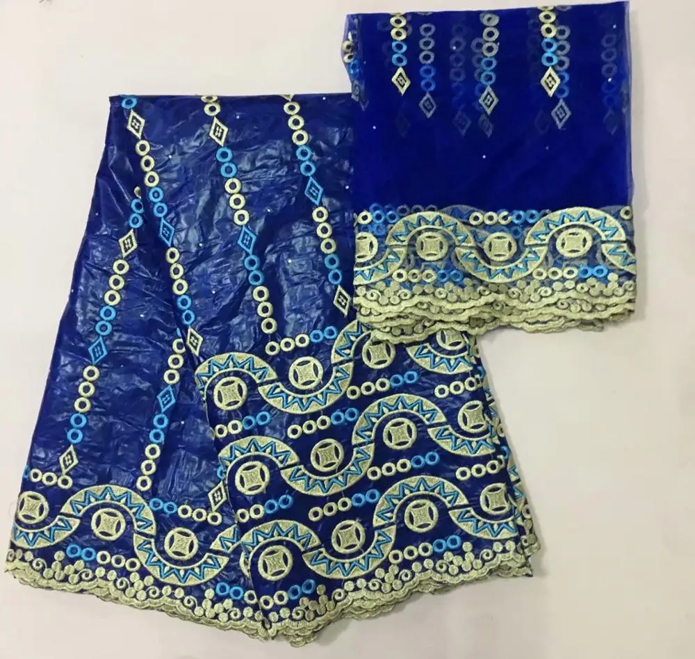 

African style Brocade Fabric bazin lace with scarf embroidery lace 5 yards and scarf 2 yards decorated with rhinestone BK 106