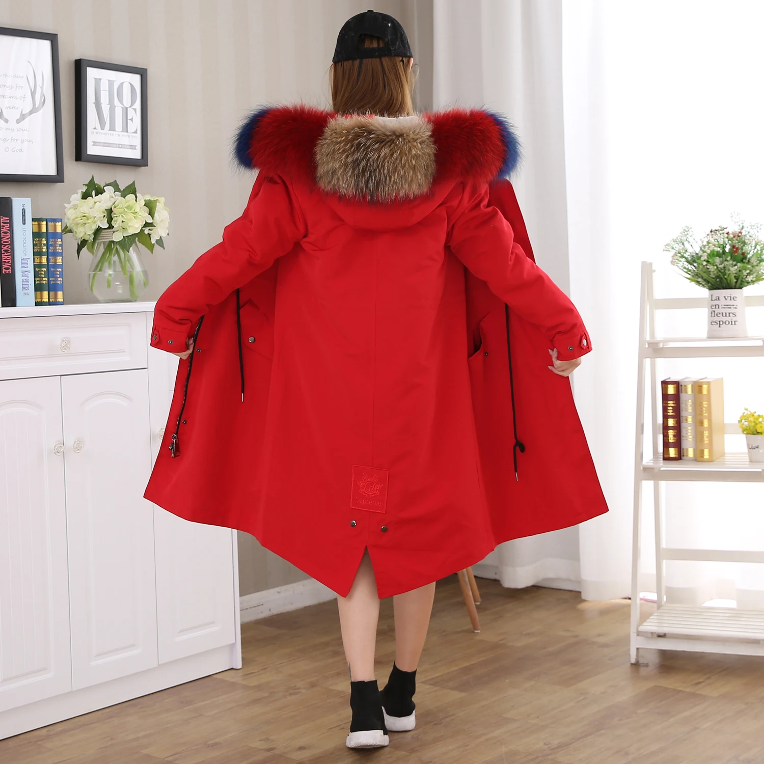 110 см пальто с мехом парки Зимняя куртка Женская парка большой воротником из меха