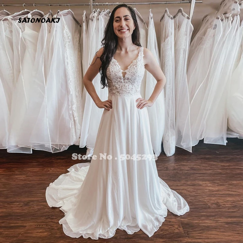 

Vestido De Novia Elegant Beach Chiffon Wedding Dress 2022 Lace Appliques Sleeveless A-Line Bridal Gown Robe Mariée Online France