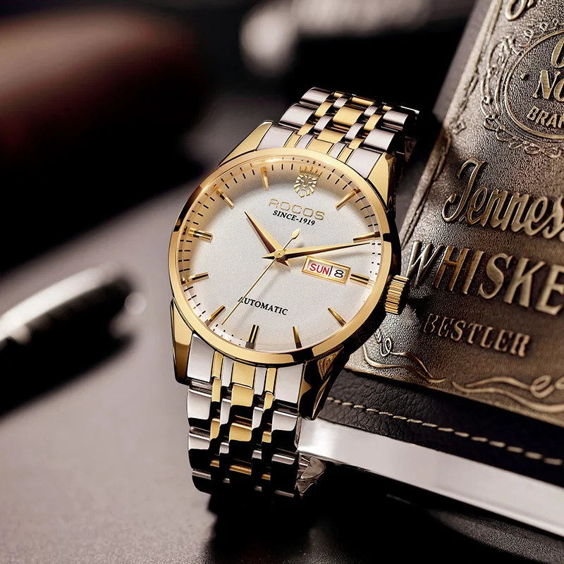 

Часы наручные мужские механические, золотистые классические повседневные, с кожаным ремешком, с датой