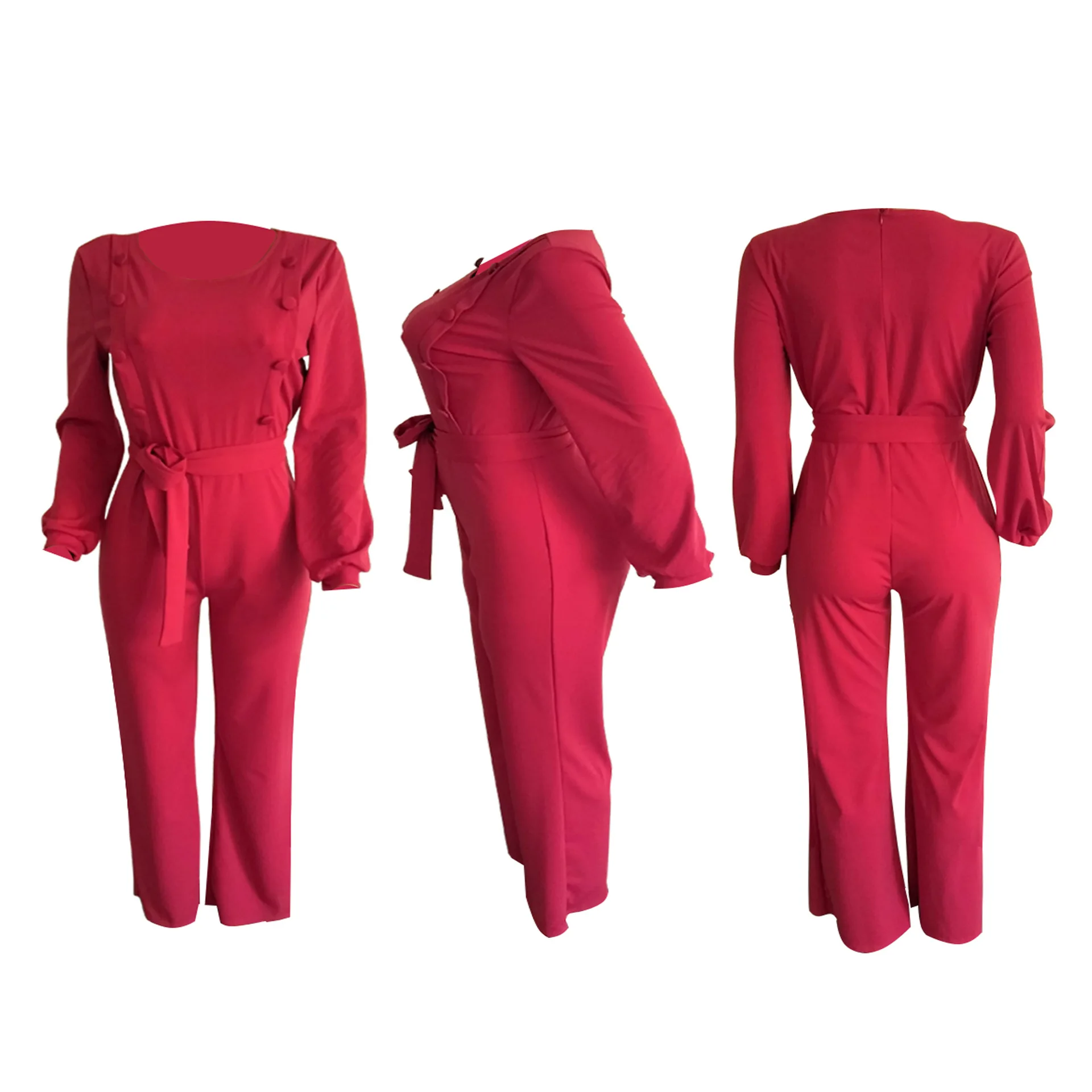 

Casual Urban Style Button Fashion Jumpsuits Women Long Sleeve Sashes Bandage 3 Solid Color Overalls Plus Size Club Sexy Rompers