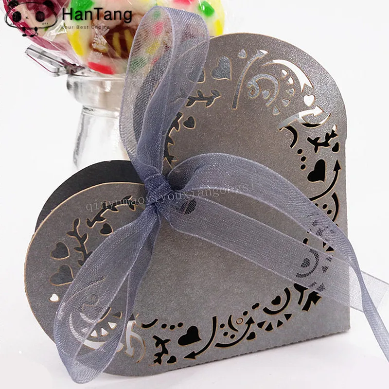 Gray 10/50 шт в форме сердца коробочки для Драже свадьба, сладости конфеты подарок за Коробки с лентой украшения стола коробка шоколада 5z - Цвет: Gray