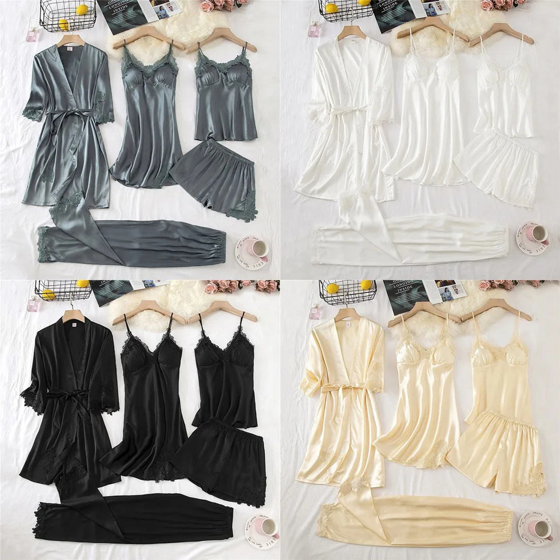 Lace PJ's Women Pajamas Suit Satin Sexy Sleepwear Summer Pyjamas With Trousers Nightgown V-Neck Kimono Robe Gown Set Lingerie