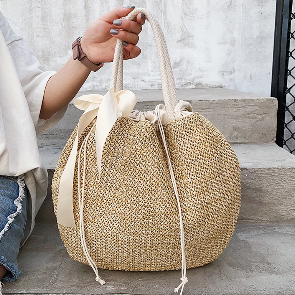 

Women Handmade Weave Straw Bag with Bow Drawstring Shopper Shoulder Summer Beach Bag Large Capacity Top-handle Tote Handbag