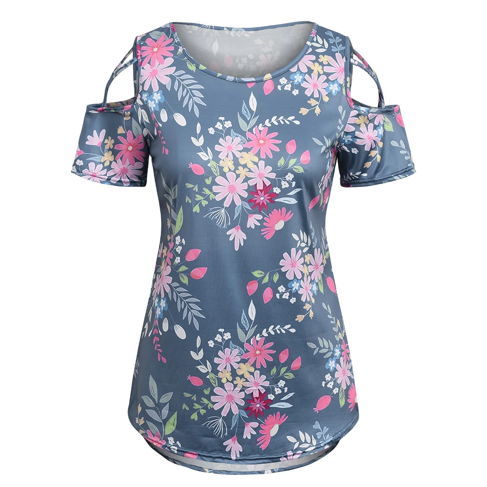 

Summer Women Casual Floral Print Crew Neck Tops Hollow Out Short Sleeve Off Shoulder T-Shirts Ladies Streetwear Female Clothing