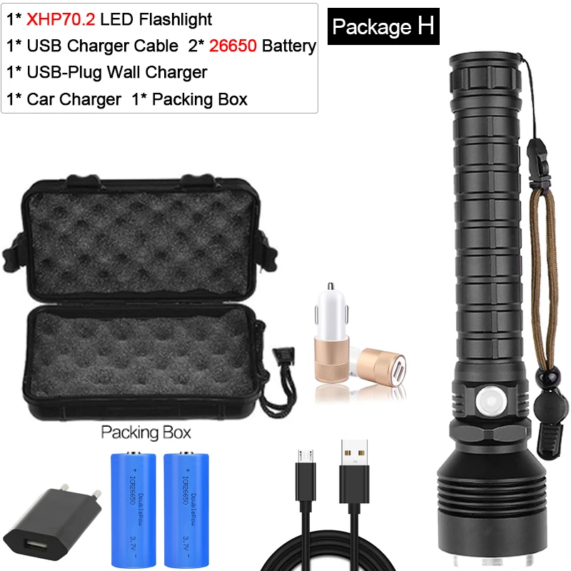 Package H Мощный фонарик XHP70.2 Xlamp светодиодный фонарь XHP50 светодиодный фонарь Водонепроницаемый фонарь с увеличением с батареей 18650 - Испускаемый цвет: Package H