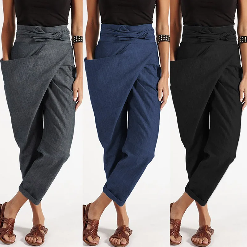

Fashion Pantalon Casual Long Palazzo Women's Harem Pants 2021 ZANZEA Woman Big Pockets Side Zipper Trousers Plus Size Turnip 5XL