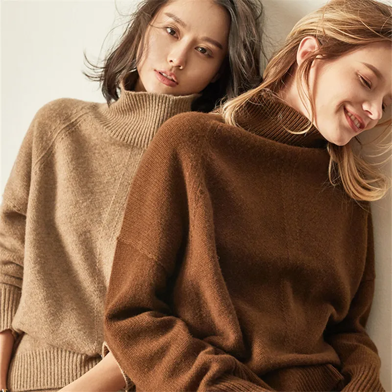 2019Cashmere sweater female high collar pullover loose large size women's short side split fork sweater simple bottoming sweater