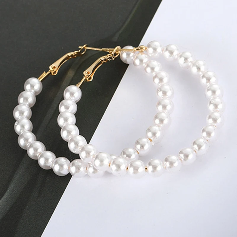 

Fashion Simulated Pearl Statement Big Small Hoop Earrings for Women Exaggerate Circle Earrings Personality Nightclub Jewelry