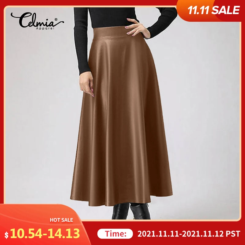 

Celmia 2021 Autumn PU Leather Midi Skirts Women Elegant OL High Waist Party Skirt Fashion Office Lady Solid Jupe Street Faldas