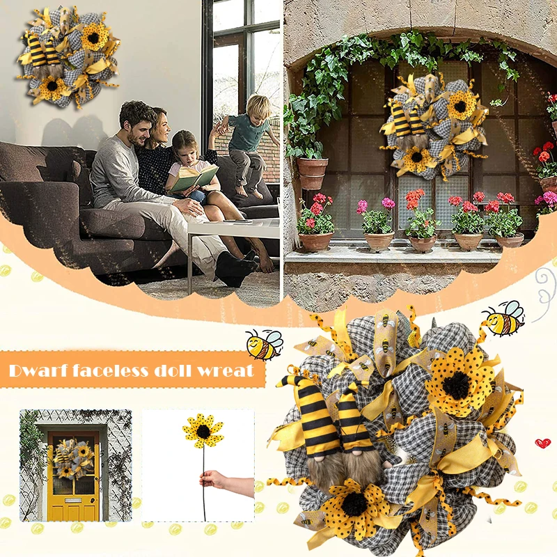 

40*40cm Faceless Doll Wreath Spring Decorating DIY Bee Festival Front Door Wreath Decoration LAD3