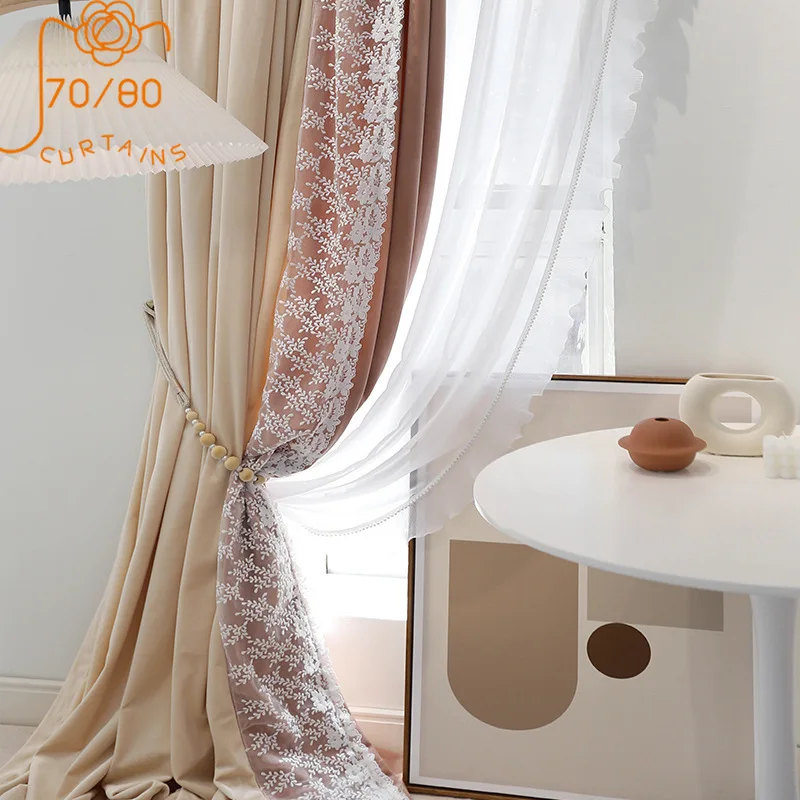French Luxury Lace Embroidery Cream Pink Flannel Stitching Blackout Curtains for Living Room Bedroom Custom Products