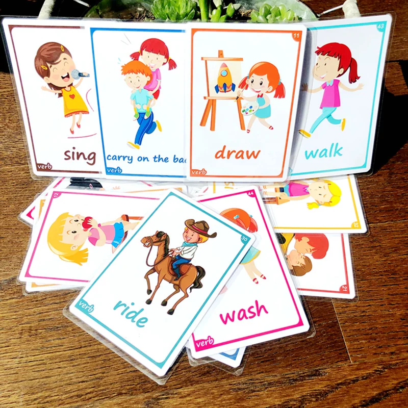 

45pcs Verbs Memory Training English Flash Cards For Children Montessori Baby Learning Cards Early Educational Toys