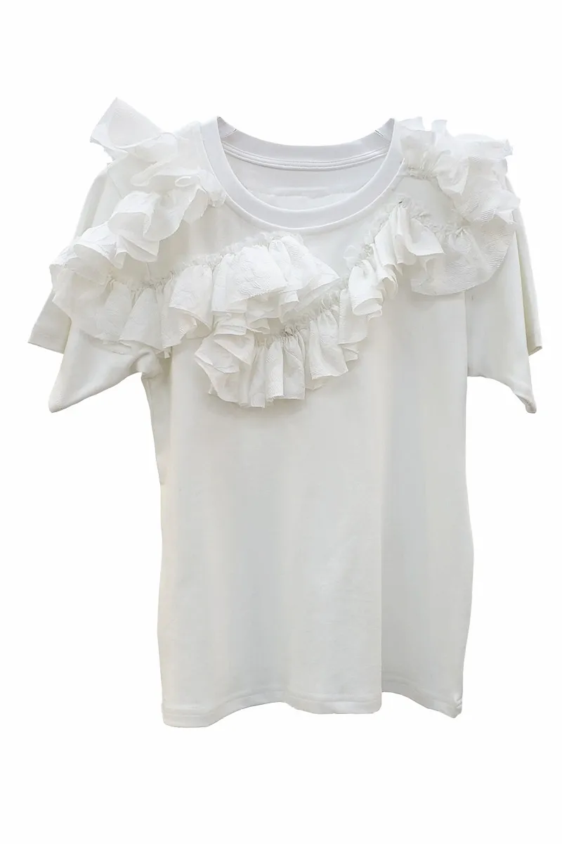

2021 Summer Korean Style Loose Crew Neck Top Fashion Ruffled Stitching Solid Color Casual Short Sleeve T-shirt Fashion