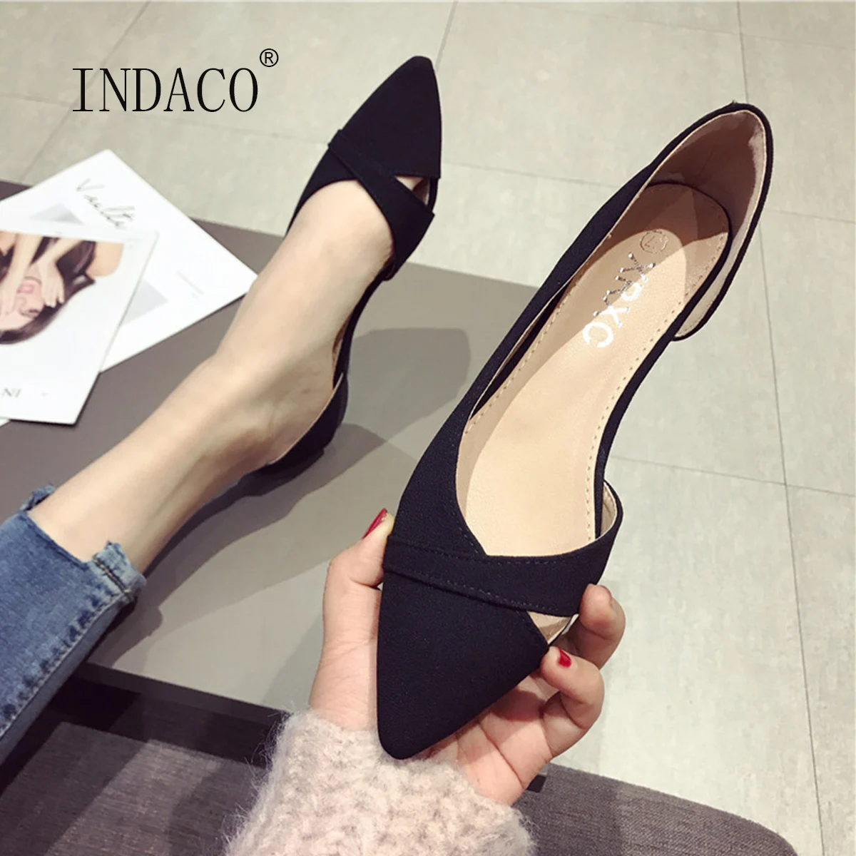 

Women Suede Pointed Toe Flats Fashion Shallow Mouth Concise Boat Shoes Casual Loafers Black Pink Size 9 9.5