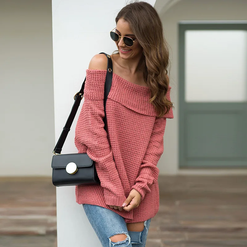 

2020 Autumn and Winter Solid Color Ladies' Sweater Horizontal Neck Loose Sweater