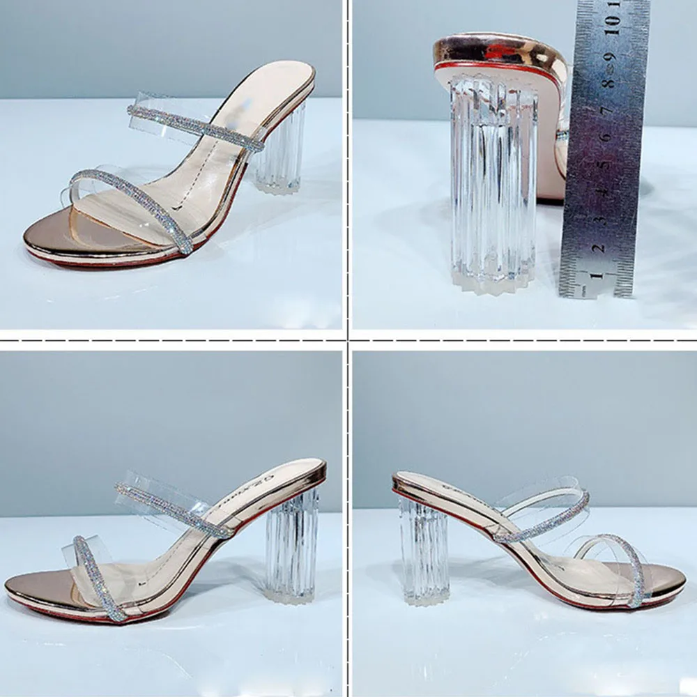

Women Rhinestone Sandals New 2021 Summer Clear Transparent PVC Chunky Heel Ladies Slip On Open Toe Pumps Dress Party Shoes