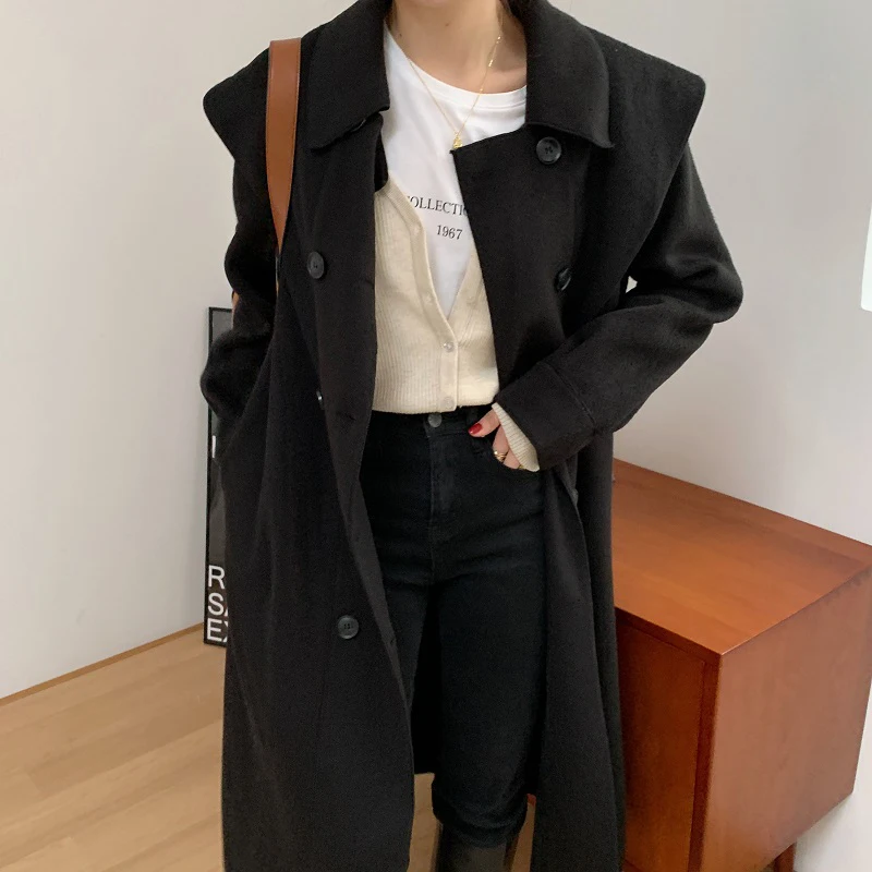 

Alien Kitty French Warm Female Double Breasted Blend Winter Retro Elegant Loose Solid Women Woolen Coats Chic Casual Long Clothe