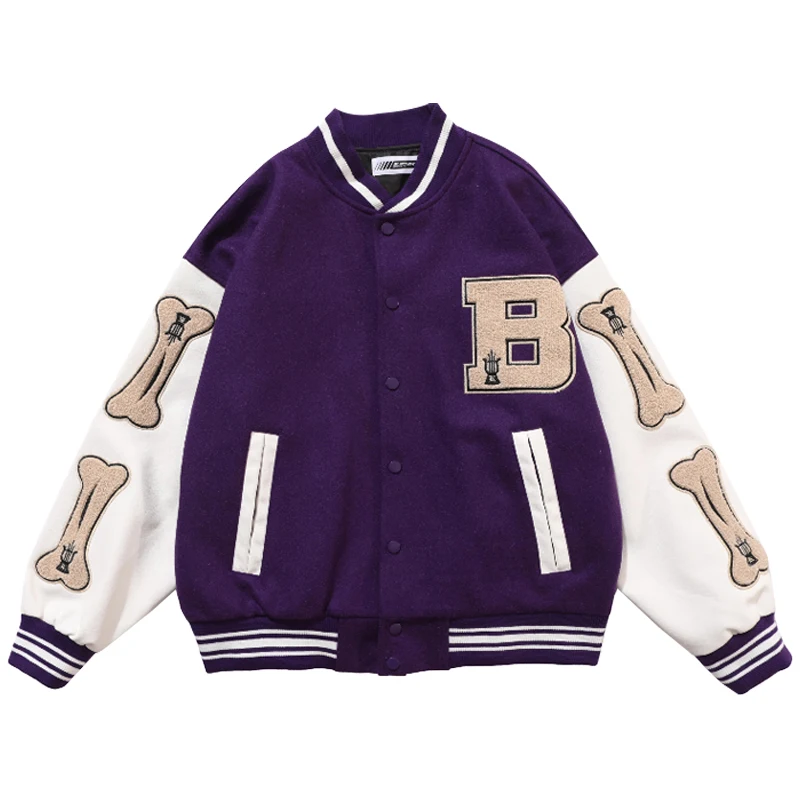 

Mens Hip Hop Baseball Jacket Coats Furry Bone Letter Patchwork Optional Harajuku College Style Bomber Jacket Men