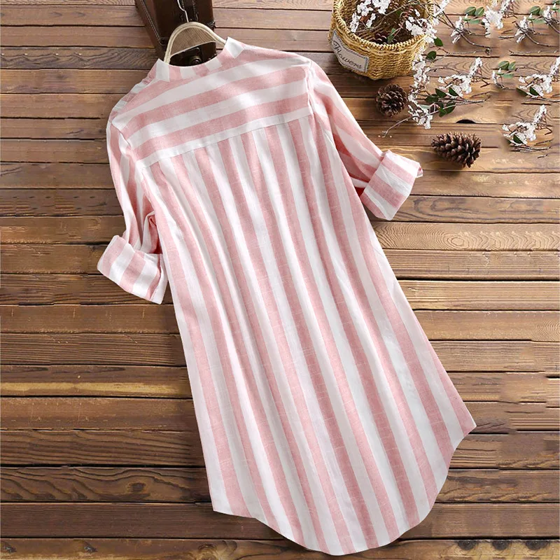 

Casual Cotton Linen Office Work Top Women's Autumn Blouses 2021 Stripe V-ncek Irregular Shirts Blusas Mujer Tunic