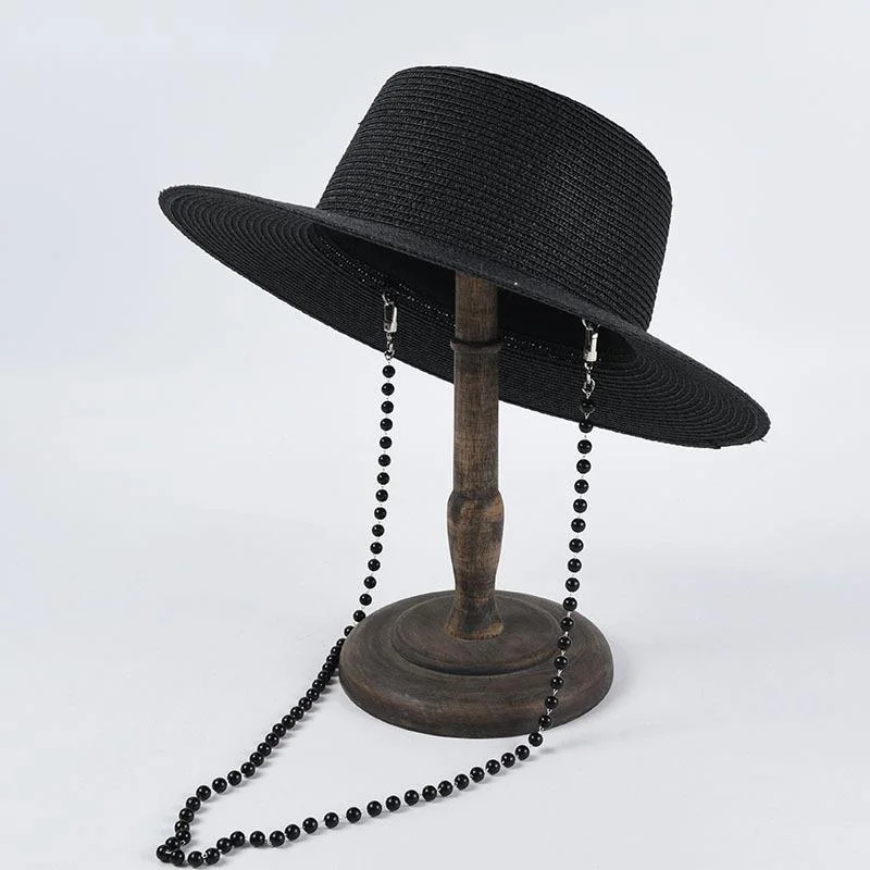 

European And American Debutante Chain Pearl Pendant Flat-topped Straw Hat Woman Summer Beach Resort Big-brimmed