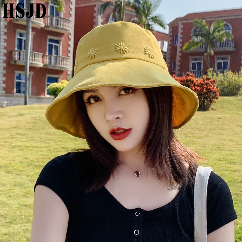 Flower Embroidery Cotton Bucket Hats Women Summer Sun Hat Fisherman Cap Wide Brim Foldable Outdoor Travel Female Hiking Bonnet