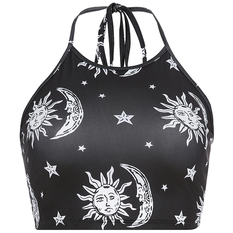 

Vintage Crop Top Women Sexy Printed Backless Tank Top Sleeveless Summer Korean Style Kawaii Cropped Feminino Tops
