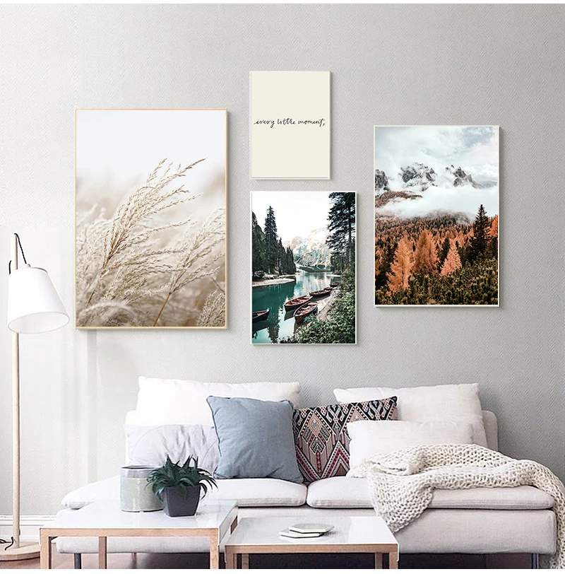 

Mountain Lake Boat Canvas Poster Nordic Forest Sunshine Nature Landscape Art Print Painting Scandinavian Picture Room Decoration