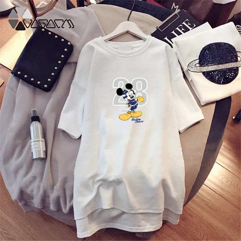 

Mini Dress Women Loose Dresses Mickey Female Mouse Cartoon Print Robes Summer Woman Clothes Casual 2021 Streetwear